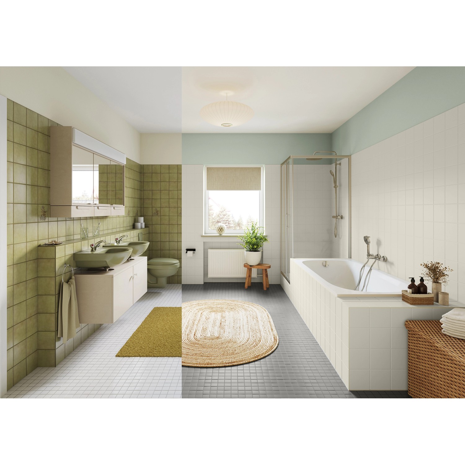 Badezimmergestaltung mit Alpina Wand-Farbe Bad & Küche Silberfarn, grüne Akzente, Badewanne und Waschtisch.