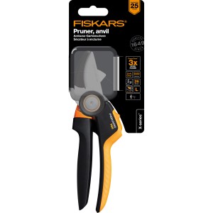 Fiskars Amboss-Gartenschere X-series P941 M, Gartenschere mit schwarzem Griff und orangefarbenen Akzenten.