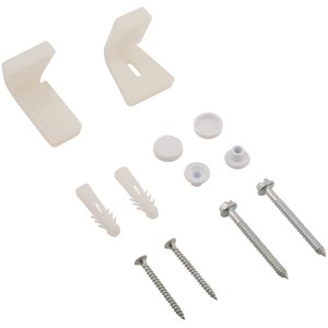 Winkelbefestigung Set für Urinale und WCs, bestehend aus Halterungen, Dübeln, Schrauben und Abdeckkappen.