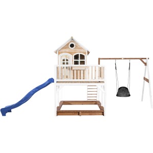 Axi Liam Spielhaus mit Nestschaukel und blauer Rutsche, braun-weiß. Spielturm mit Sandkasten.