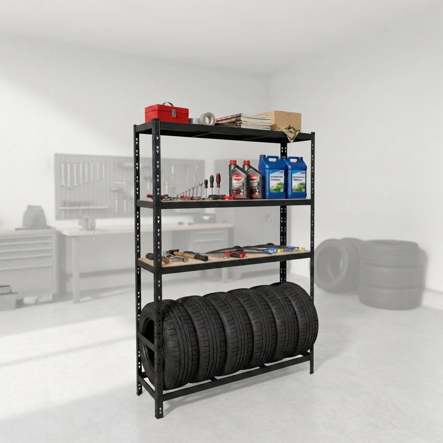 Schwarzes Stahl Reifenregal mit 3 MDF-Ablagen und Platz für 6 Autoreifen. Ideal für Garage oder Werkstatt.