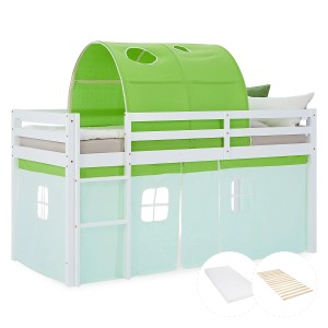 Weißes Kinder Hochbett 90x200 mit grünem Tunnel und Vorhang, inklusive Matratze und Lattenrost.