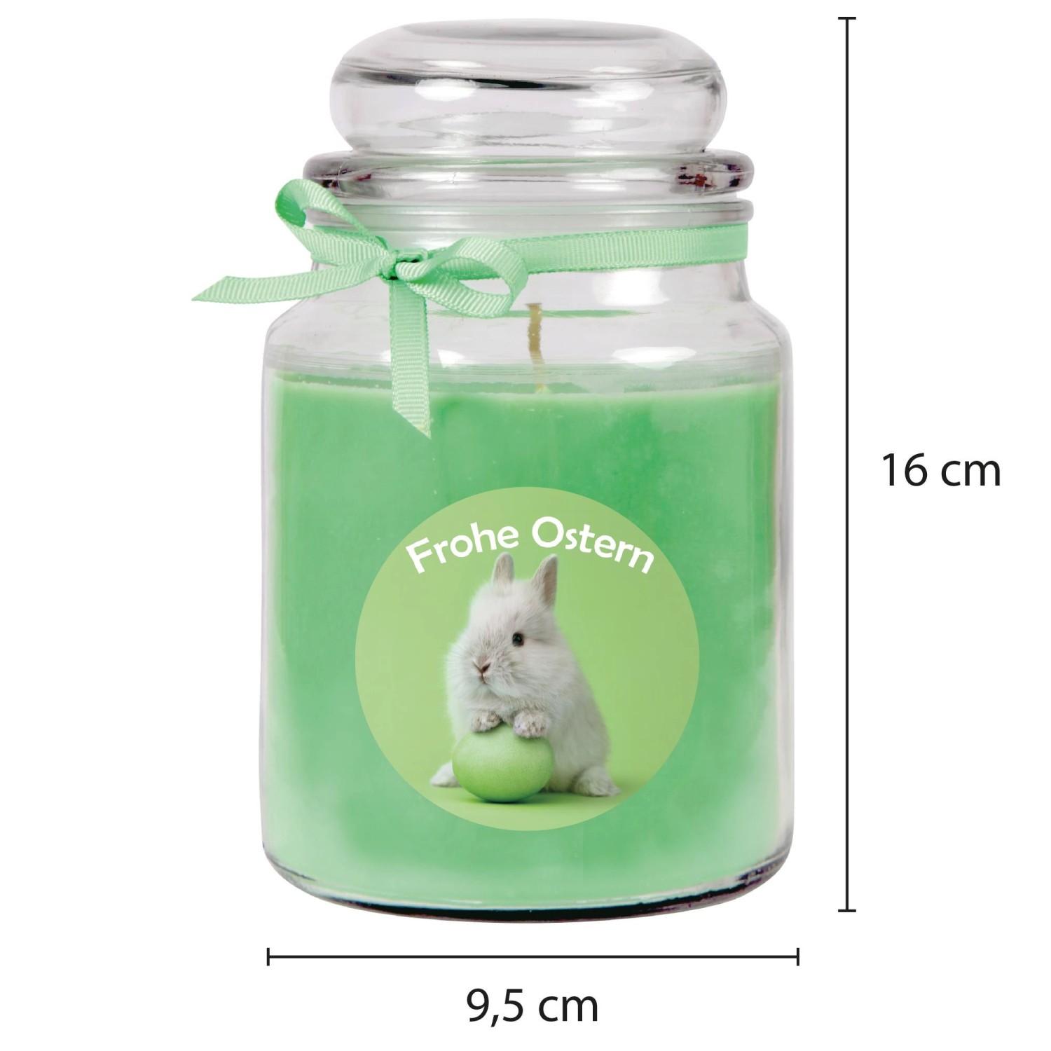 Grüne HS Candle Duftkerze im Glas mit Osterhase und Ei, 110h Brenndauer.