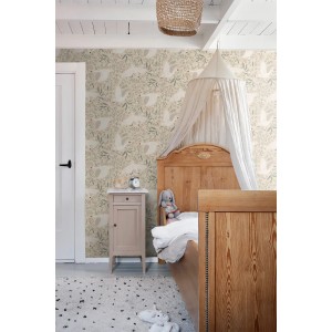 Kinderzimmer mit ESTAhome Tapete Schwäne in Beige, Weiß und Graugrün.
