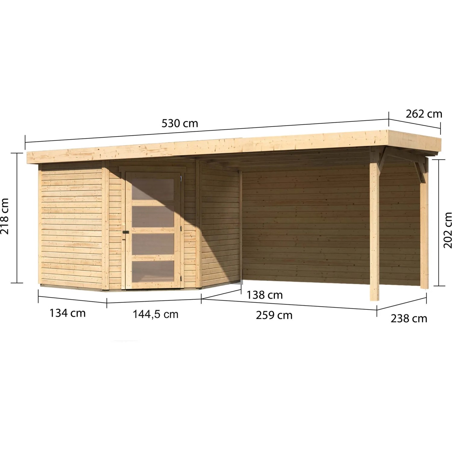 Karibu Holz-Gartenhaus Linköbing Natur mit Flachdach und Anbau, Maße: 238x242cm.