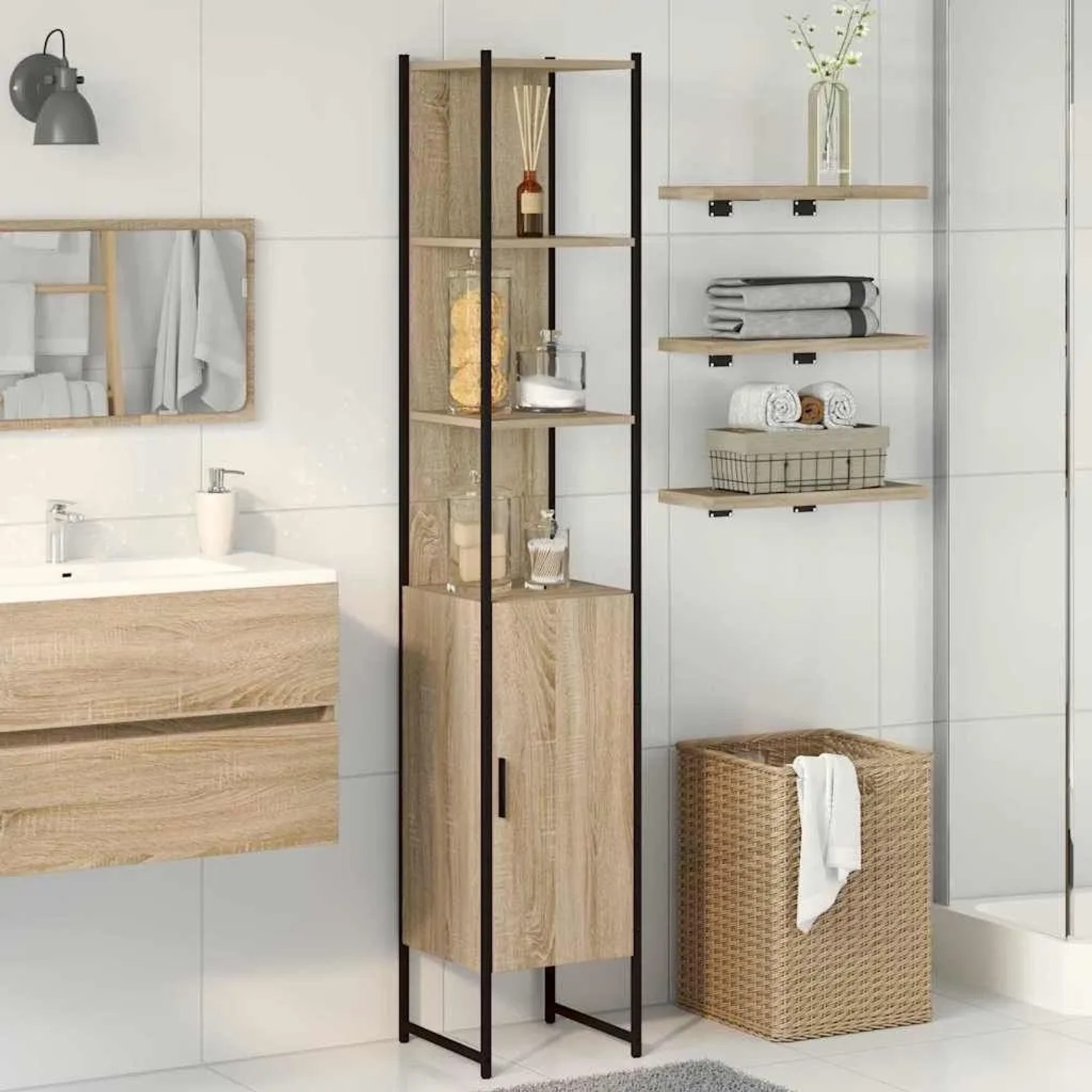 vidaXL Bad-Hochschrank Sonoma Eiche, 33x33x185,5cm, Holzwerkstoff mit Regalen und Tür.