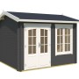 Carbongraues Lasita Maja Gartenhaus Alex mit Doppeltür und Fenster. Holz-Gartenhaus mit Satteldach.