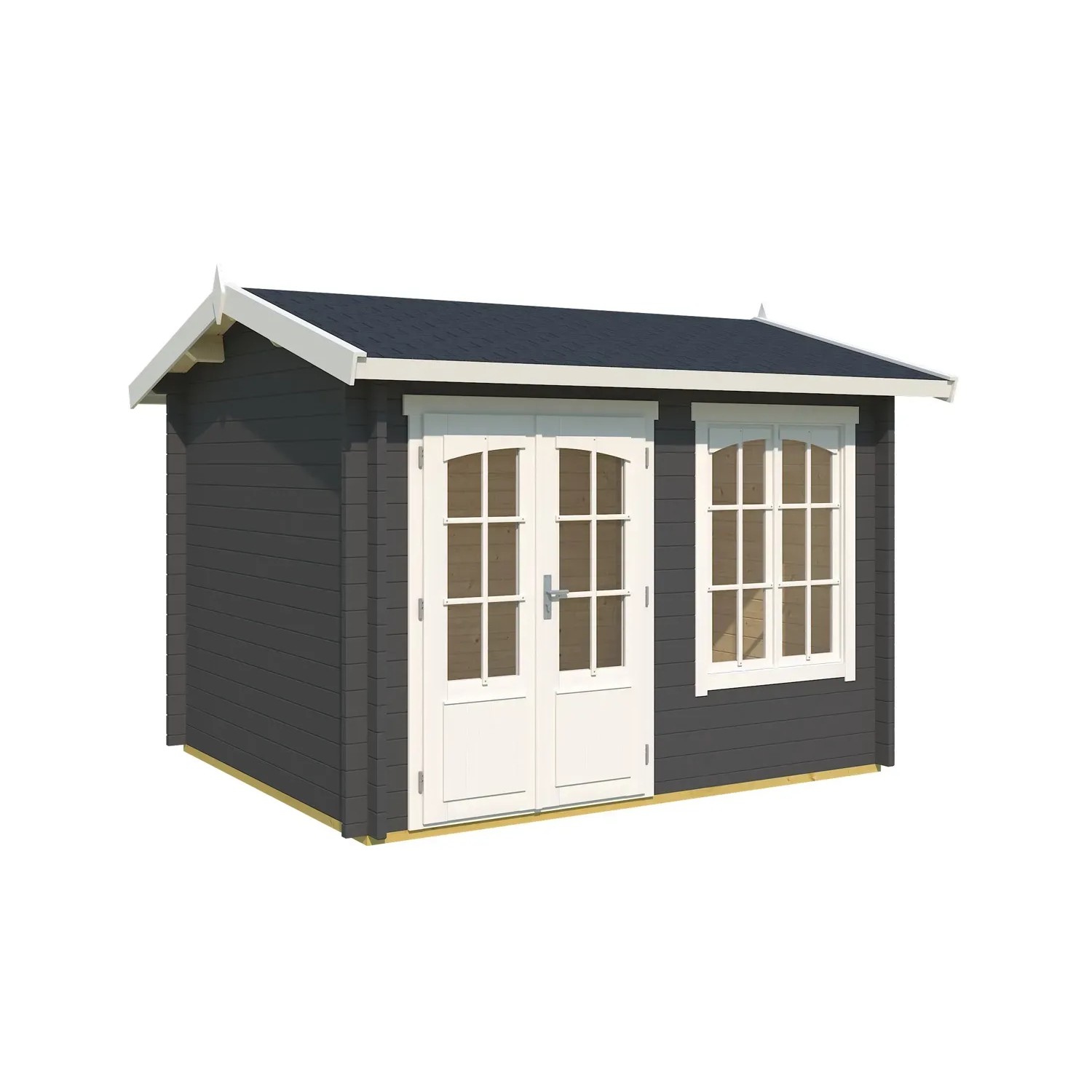 Carbongraues Lasita Maja Gartenhaus Alex mit Doppeltür und Fenster. Holz-Gartenhaus mit Satteldach.