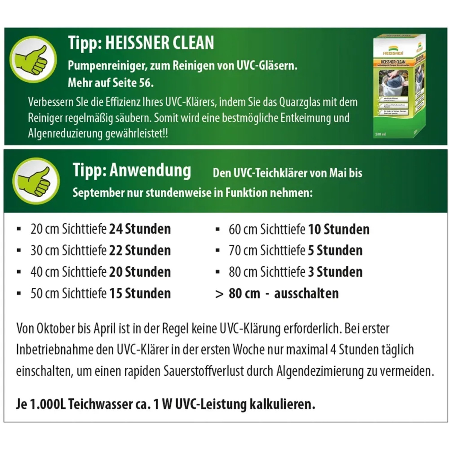 Heissner UVC-Teichklärer 72W: Informationen zur Anwendung und Reinigung für klares Teichwasser.