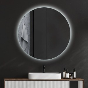 Runder LED-Badspiegel Ø100 cm mit Kaltweiß-Hintergrundbeleuchtung über modernem Waschbecken. Ideal als Dekospiegel.