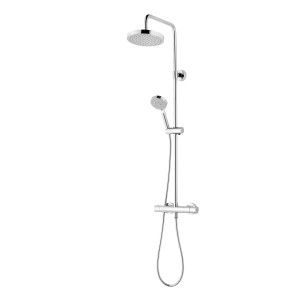 Verchromtes Schulte Duschsystem Rain III mit Thermostat, Kopf- und Handbrause.