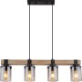 Globo Pendelleuchte mit 4 Rauchglas-Lampen, schwarz-matt und Holzoptik.