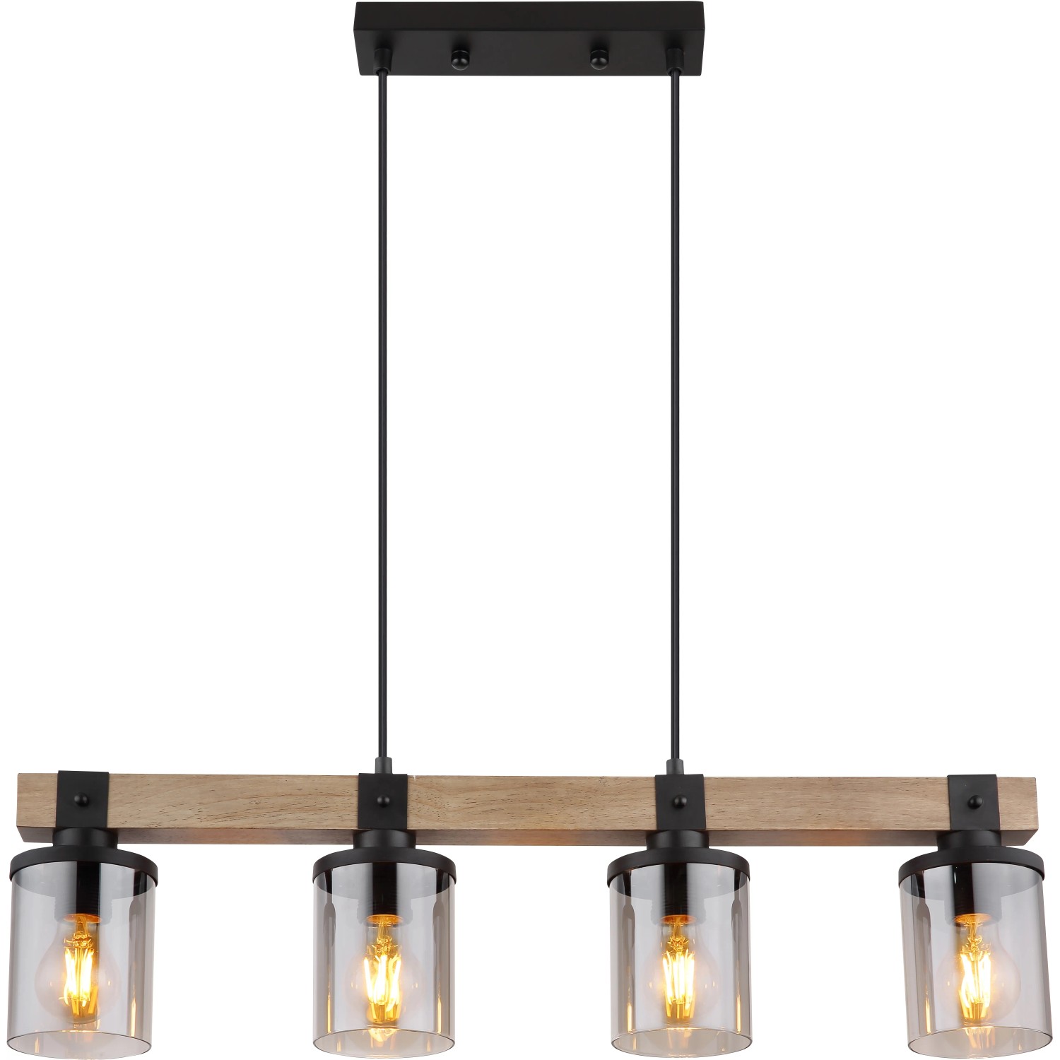 Globo Pendelleuchte mit 4 Rauchglas-Lampen, schwarz-matt und Holzoptik.