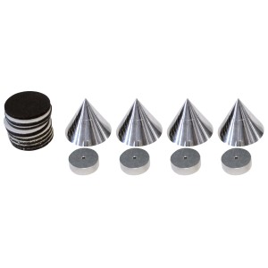 Dynavox Lautsprecher Spikes 4er Set Chrom zur akustischen Entkopplung mit Unterlegscheiben und Filzklebern.