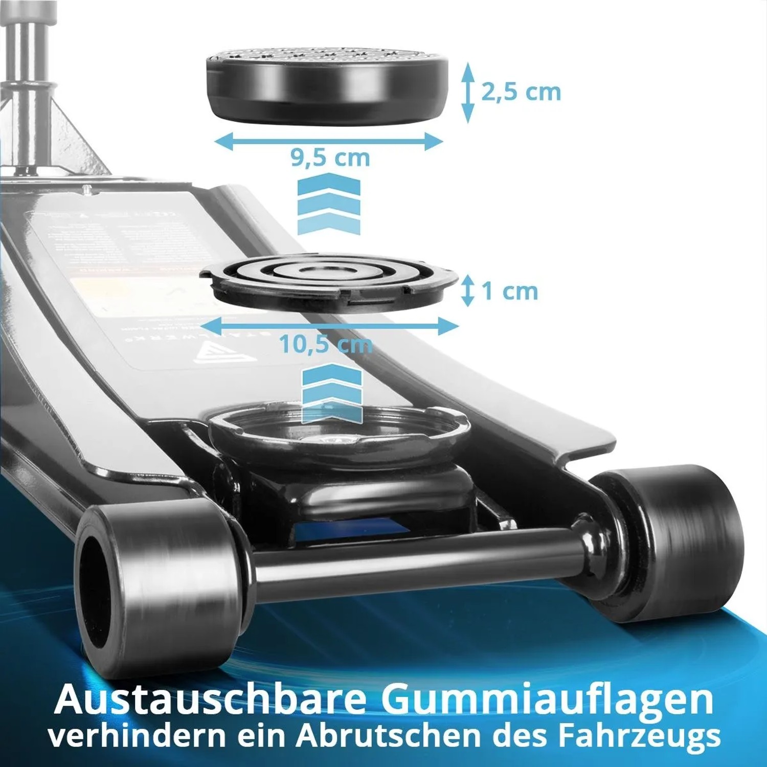 STAHLWERK Wagenheber: Detailaufnahme der austauschbaren Gummiauflagen mit Maßangaben.