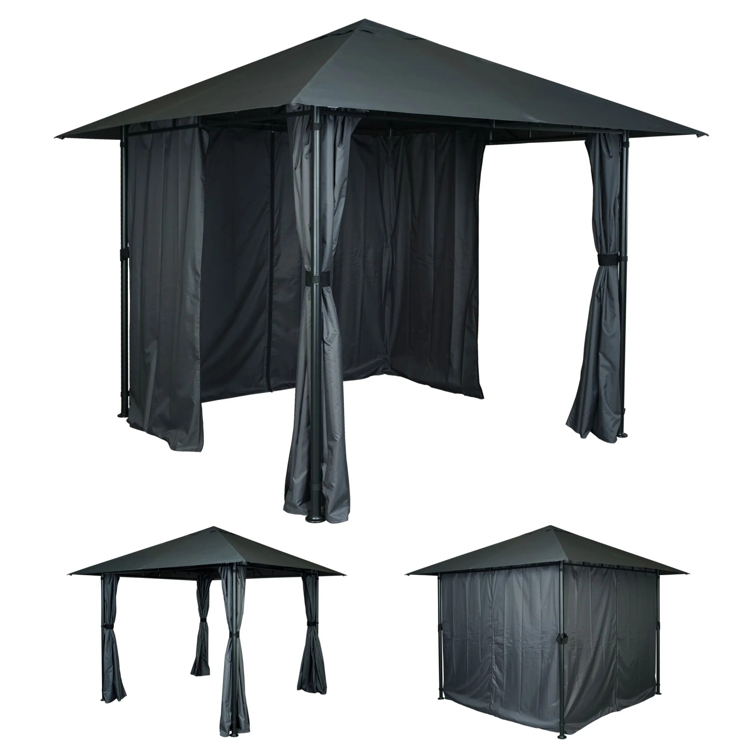 Anthrazitfarbene MCW Pergola J63 mit Dach und vier Seitenwänden als Terrassenüberdachung.