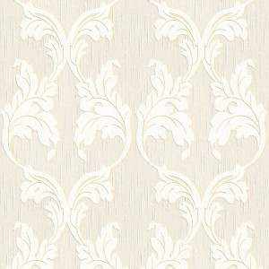 Cremeweiße Vliestapete mit Ranken und Blätter Ornament für Wohn- und Schlafzimmer.