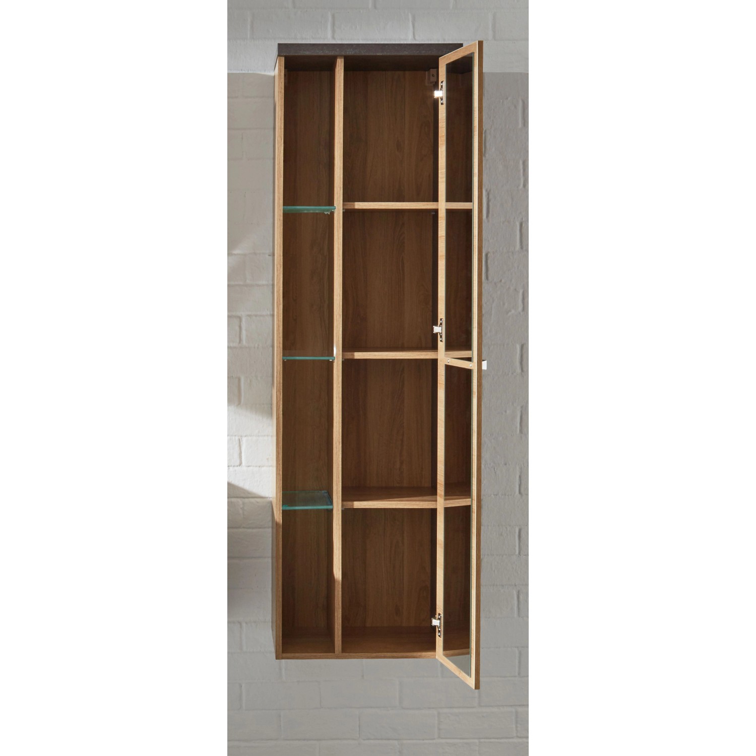 Trendteam Bad-Hängeschrank Eiche Riviera Honig, 48 cm breit, mit Softclose-Türen und Glasböden.