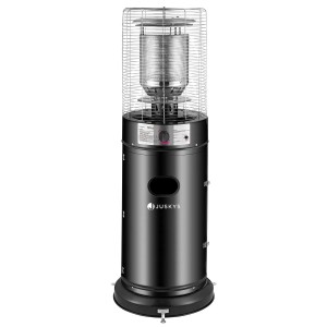 Schwarzer Juskys Gasheizer Cuna mit Edelstahl-Schutzgitter für Terrasse und Balkon.