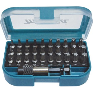 Makita TX Bit-Set, 31-teilig in türkiser Box mit verschiedenen TX-Schrauberbits und Bithalter.