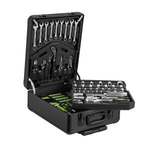 Offener Juskys Werkzeugkoffer Trolley mit 1200 Teilen: Werkzeug-Set mit Schraubenschlüsseln, Zangen und Steckschlüsseln.