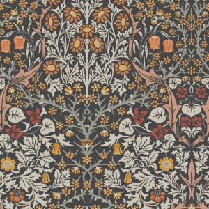 Mehrfarbige William Morris Vliestapete Blackthorn mit floralem Muster auf dunklem Grund.