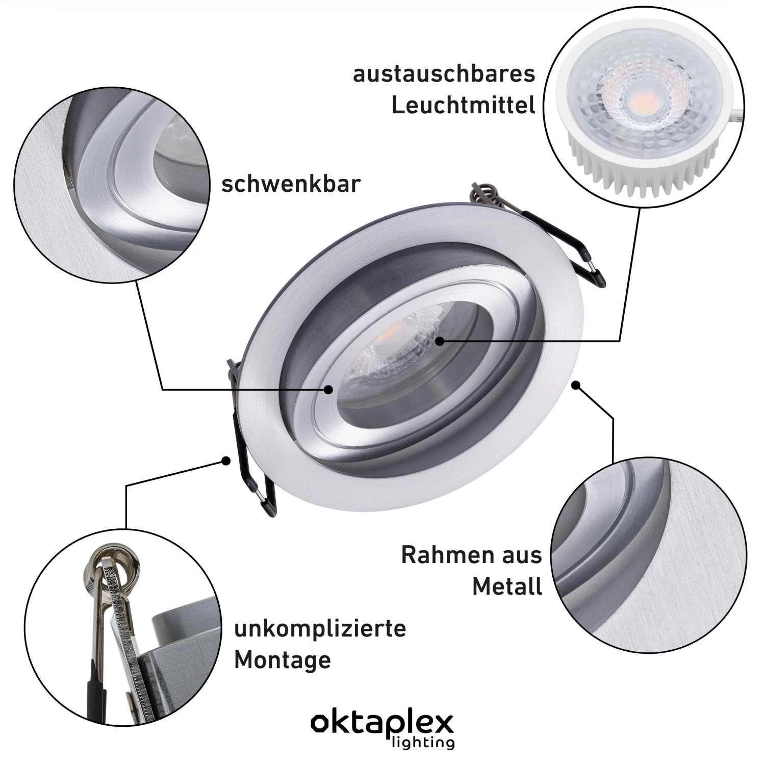 Oktaplex Lyon Einbaustrahler, silber, rund, schwenkbar. Aluminium-Rahmen, austauschbares LED-Modul, einfache Montage.