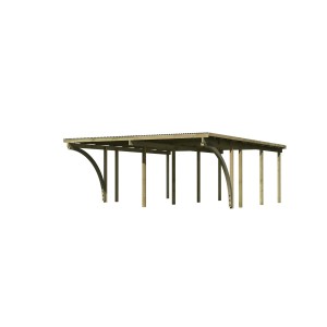 Karibu Doppelcarport Eco aus Holz mit PVC-Dachplatten und stabilen Pfosten.