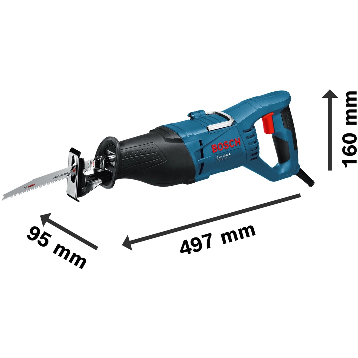 Bosch Professional GSA 1100 E Säbelsäge im Koffer, blau/schwarz, mit Sägeblatt. Stichsäge für Handwerker.