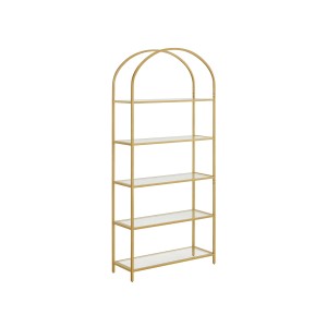 Vasagle Bücherregal mit 5 Glasablagen und goldenem Metallrahmen.