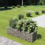 Rechteckiges Gabionen-Hochbeet aus verzinktem Stahl, mit Steinen gefüllt und Pflanzen, als Blumenkasten im Garten.