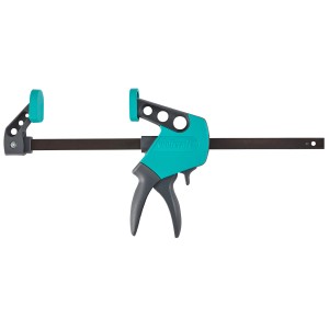 Wolfcraft Einhandzwinge EHZ Easy 75-300, Spannwerkzeug mit türkis-grauem Griff.