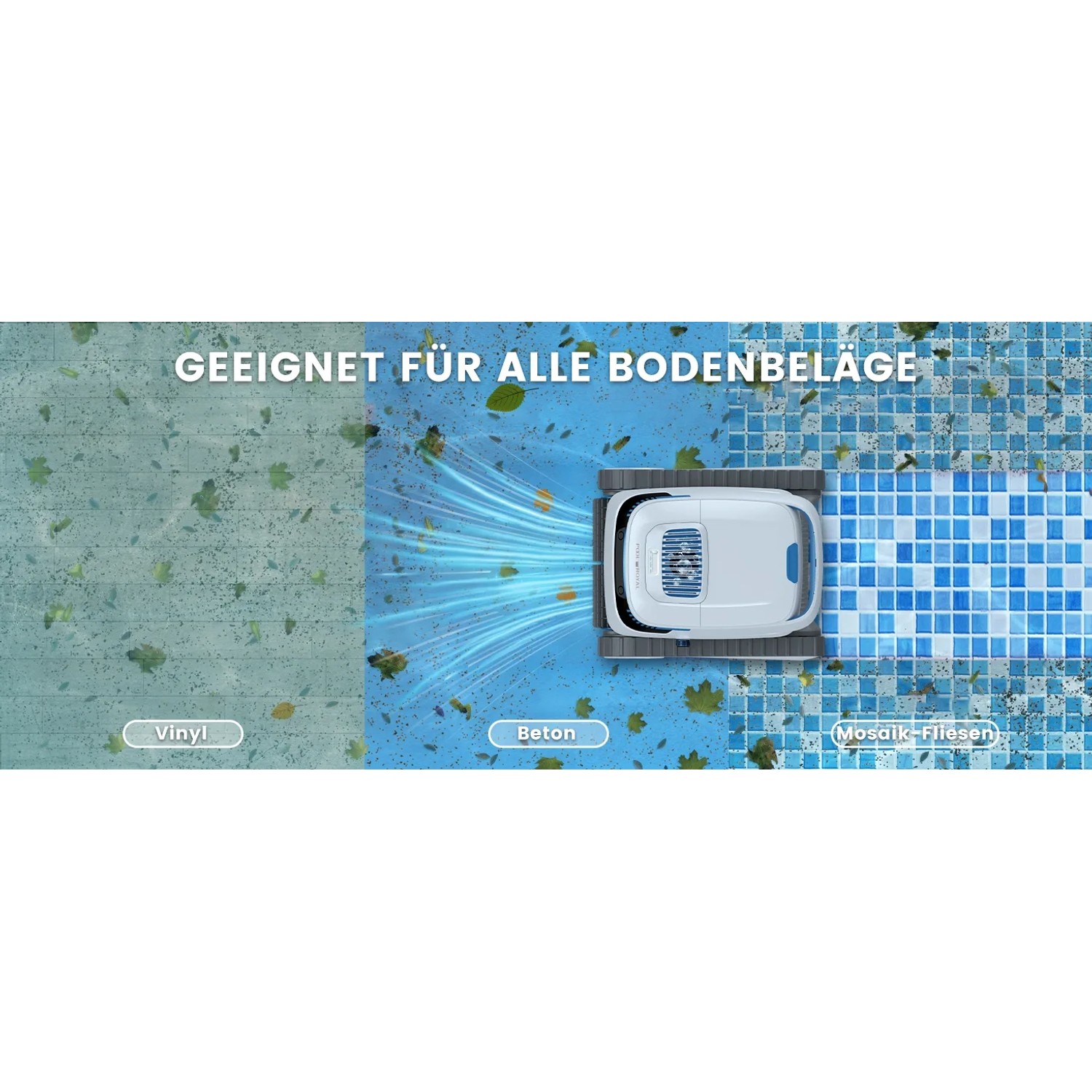 Poolroboter auf verschiedenen Poolböden: Vinyl, Beton, Mosaikfliesen. Geeignet für alle Bodenbeläge.