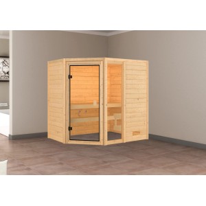 Karibu Sauna Jada Natur aus Massivholz mit Eckeinstieg und bronzierter Glastür.