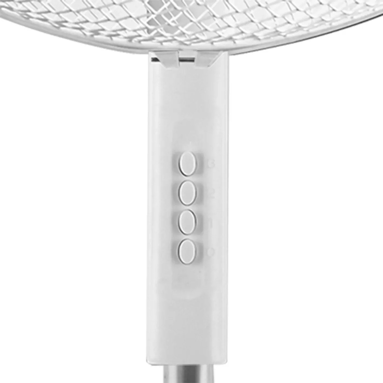 Detailaufnahme: Weißer Emerio Standventilator mit Geschwindigkeitsregler.