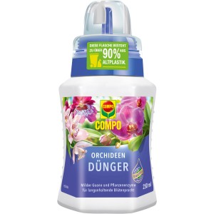 Flasche Compo Orchideendünger 250ml mit Orchideenblüten auf dem Etikett.