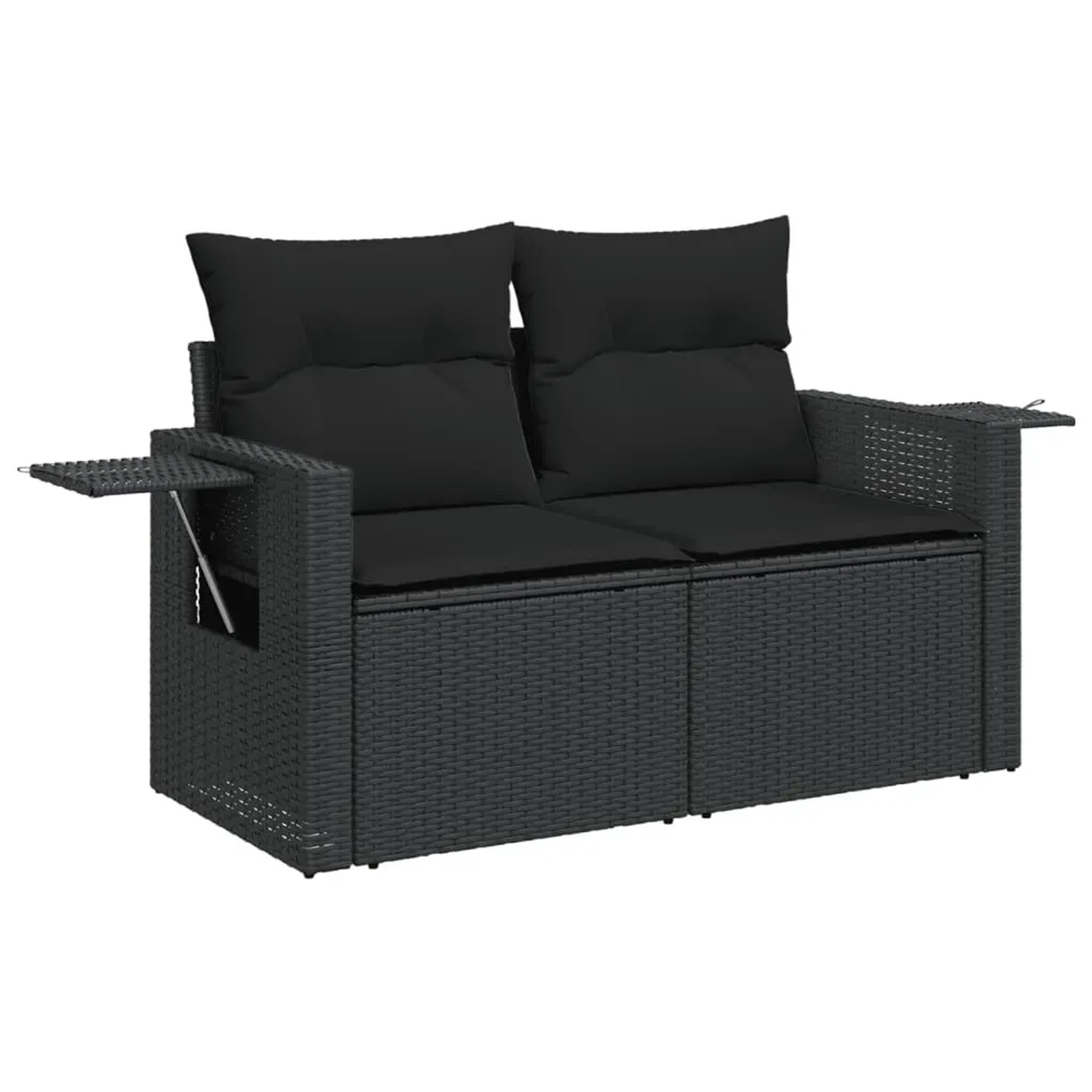 Schwarze 7-tlg. Garten-Sofagarnitur aus Poly Rattan mit Kissen und klappbaren Ablagen.