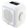 Weißes Schwaiger Steckdosenradio mit Bewegungsmelder, Nachtlicht und LED-Display.