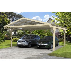Skan Holz Doppelcarport Westerwald mit zwei parkenden Autos unter dem Satteldach.