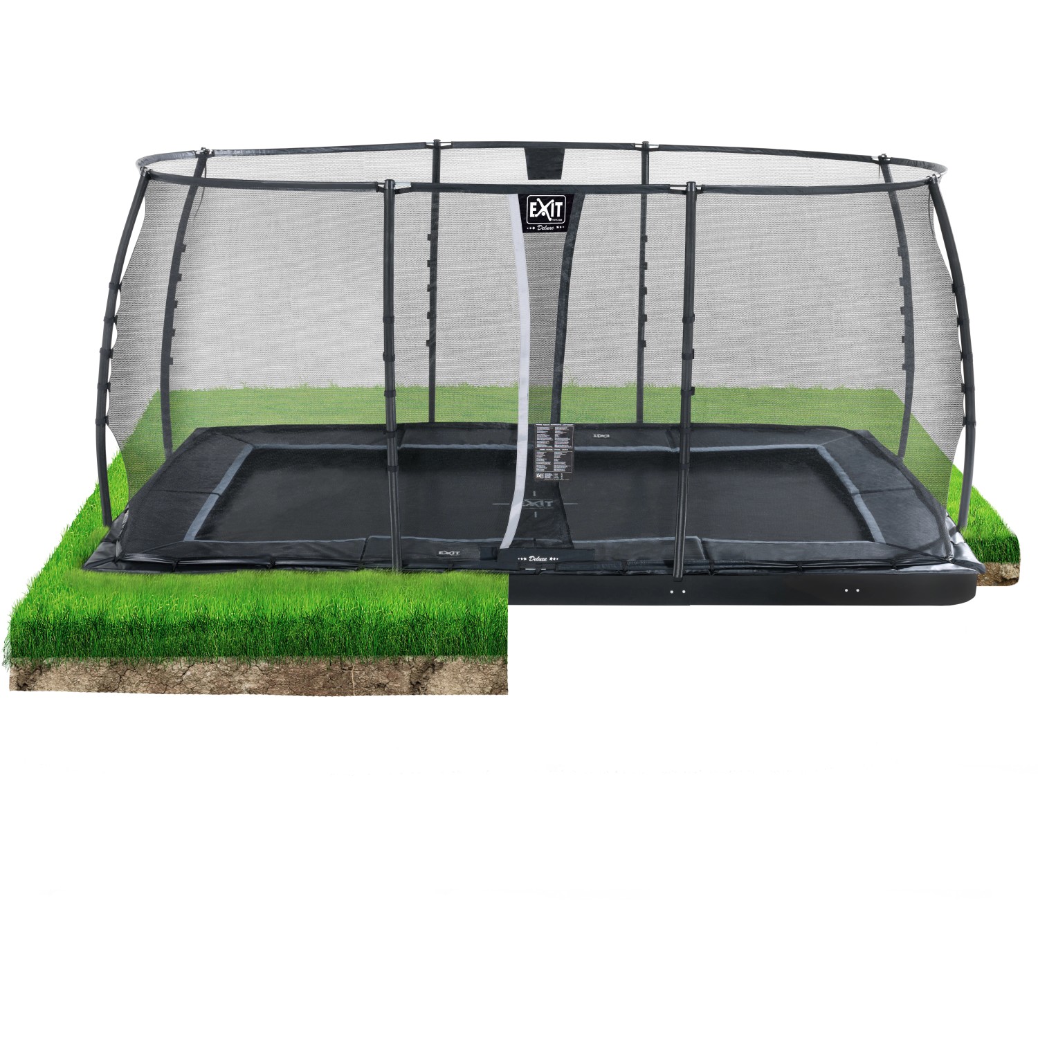 EXIT Dynamic Ebenerdiges Trampolin 275 cm x 458 cm mit Sicherheitsnetz Schwarz