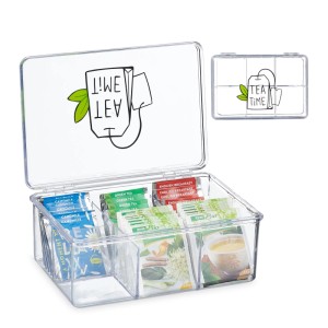 Relaxdays Teebox Kunststoff Transparent 6 Fächer Klappdeckel 9 cm x 21,5 cm x 15 cm 260 g