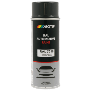 Anthrazitfarbene MOTIP RAL 7016 Glanz-Sprühdose für Lack- & Karosseriereparatur. Schnell trocknender Acryllack, 400 ml.