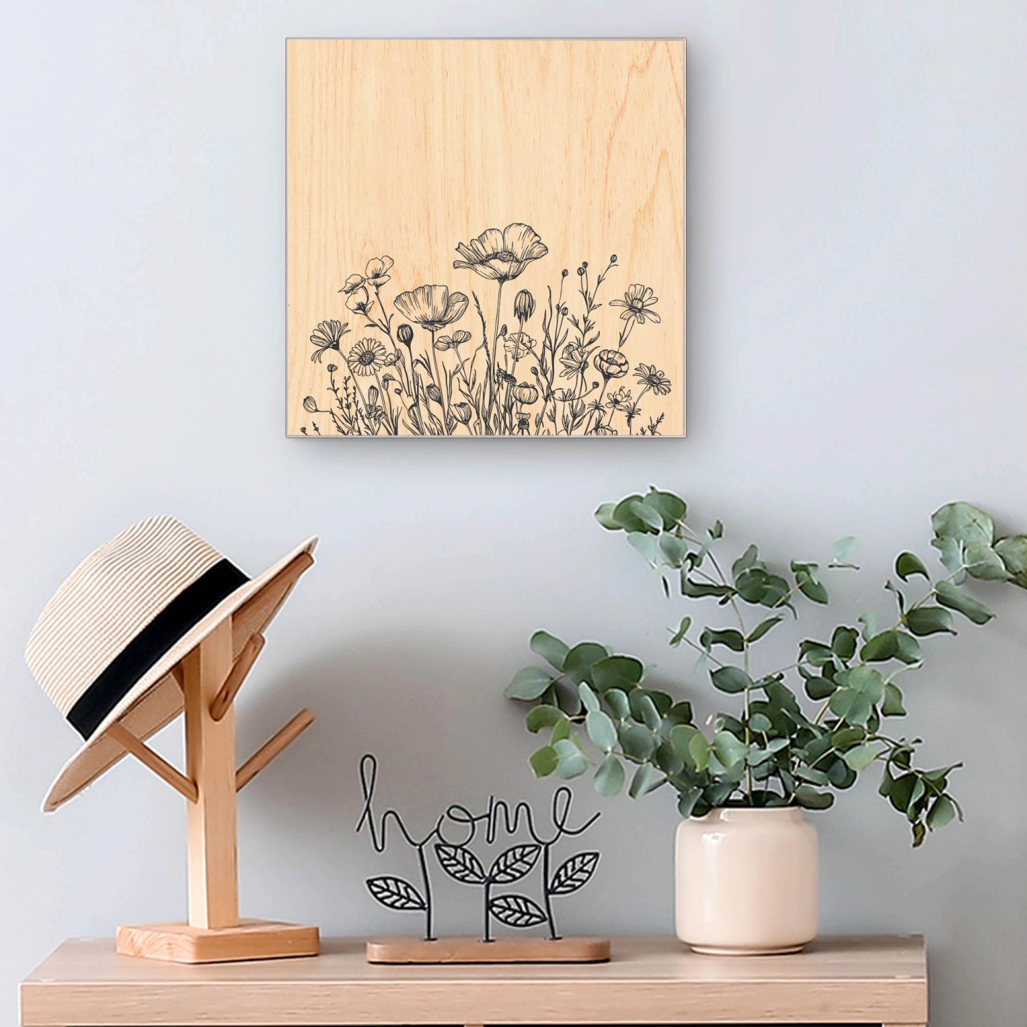 Banjado Schlüsselkasten Holz, 30x30cm, Motiv Schwarz-Weiß Blumenzeichnung, 50 Haken zur Schlüsselaufbewahrung.