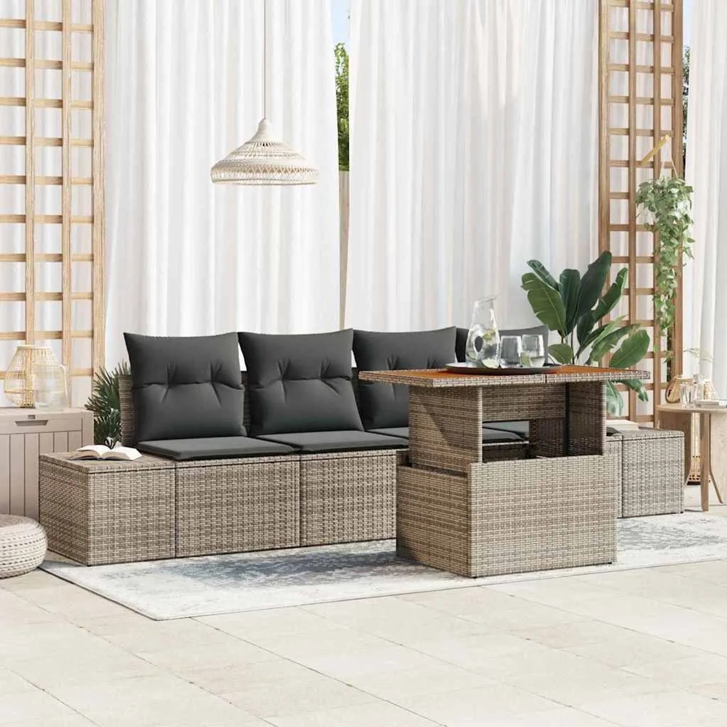 Graues 5-tlg. vidaXL Garten-Sofa-Set aus Rattan mit Tisch und Stauraum.