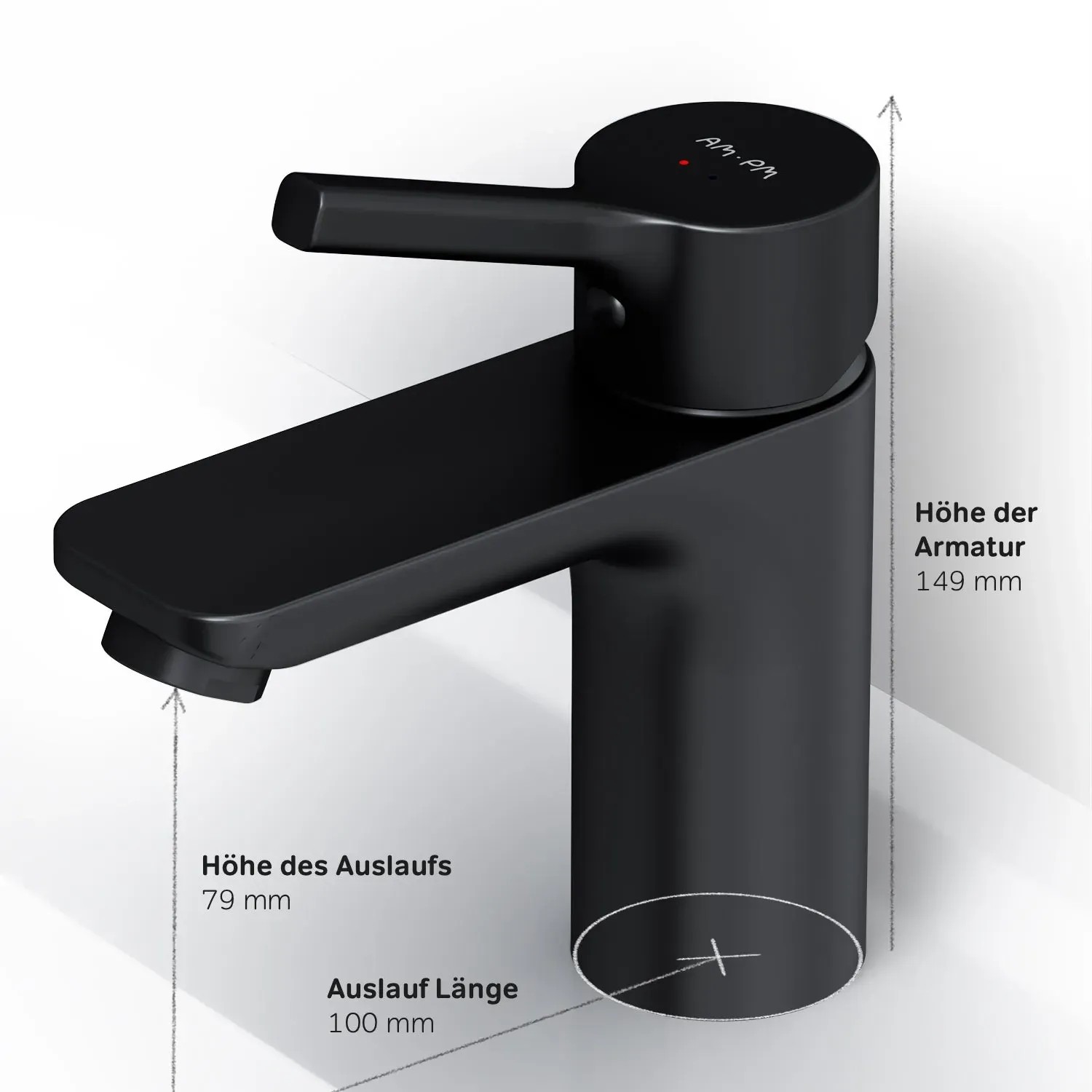 AM.PM Waschtischarmatur X-Joy S, Schwarz, mit Maßangaben zu Höhe und Ausladung.