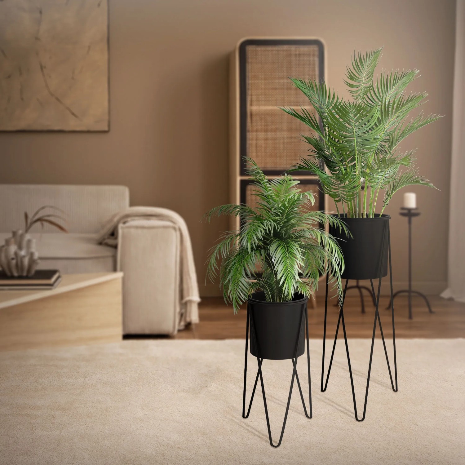 ML-Design Blumenständer 2er Set, schwarz, aus Stahl. Dekorative Pflanzenständer für Innen und Außen.