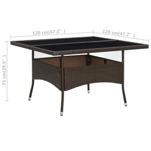 Quadratischer, brauner Garten-Esstisch aus Rattan mit Glasplatte, 120x120 cm.