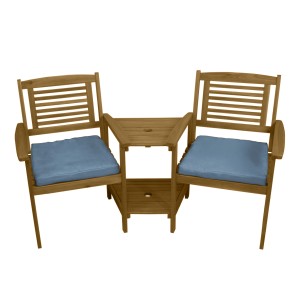Monstershop Loveseat Gartenbank aus Akazienholz mit Tisch und grauen Kissen.