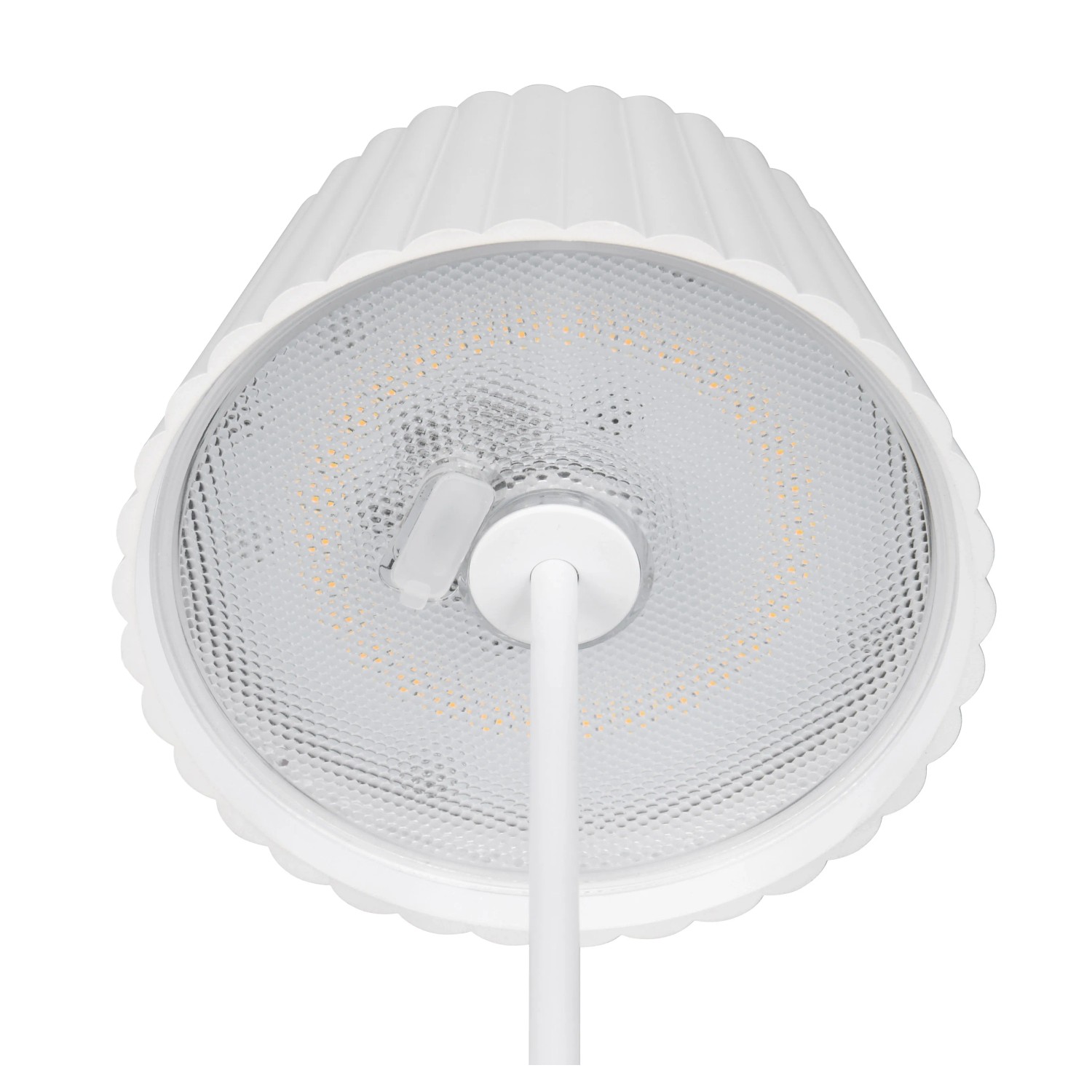 Weiße Reality LED-Tischleuchte Suarez, Ø 13,5 cm, von unten fotografiert.
