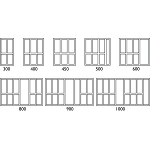 Diagramm: Agoform Besteckeinsatz für Nobilia Küchen. Zeigt verschiedene Schubladeneinsatz-Layouts für Korpusbreiten von 300-1000mm.